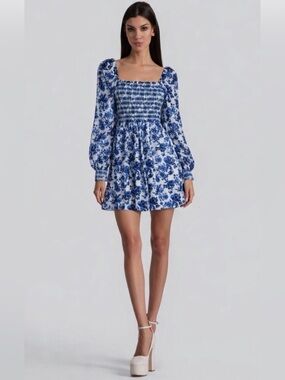 Alice + Olivia Blue Floral Smocked Mini Dress with Long Puff Sleeves size 2